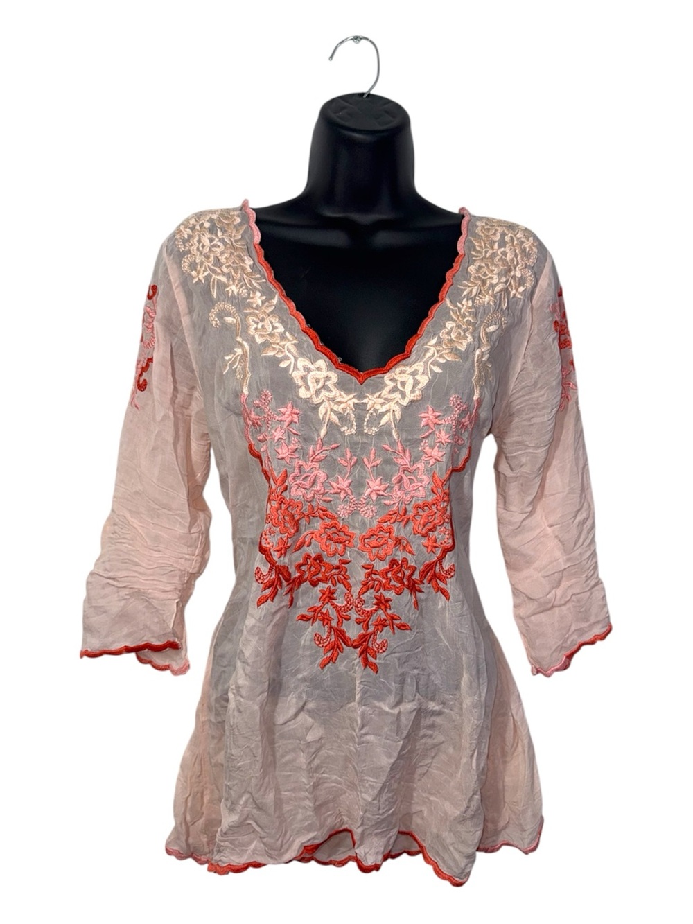 Johnny Was Cupra Rayon Embroidered V Neck Tunic Blouse Half Sleeve Top Pink XS